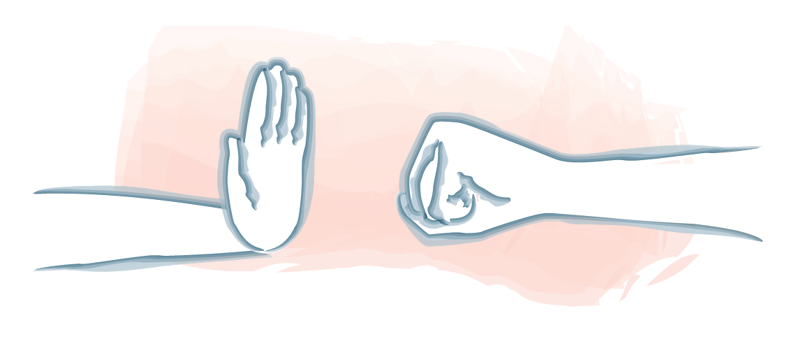 Das Bild zeigt zwei Hände. Eine Hand ist offen und zeigt nach vorne. Die andere Hand ist zu einer Faust geballt. Die Hände stehen sich gegenüber.