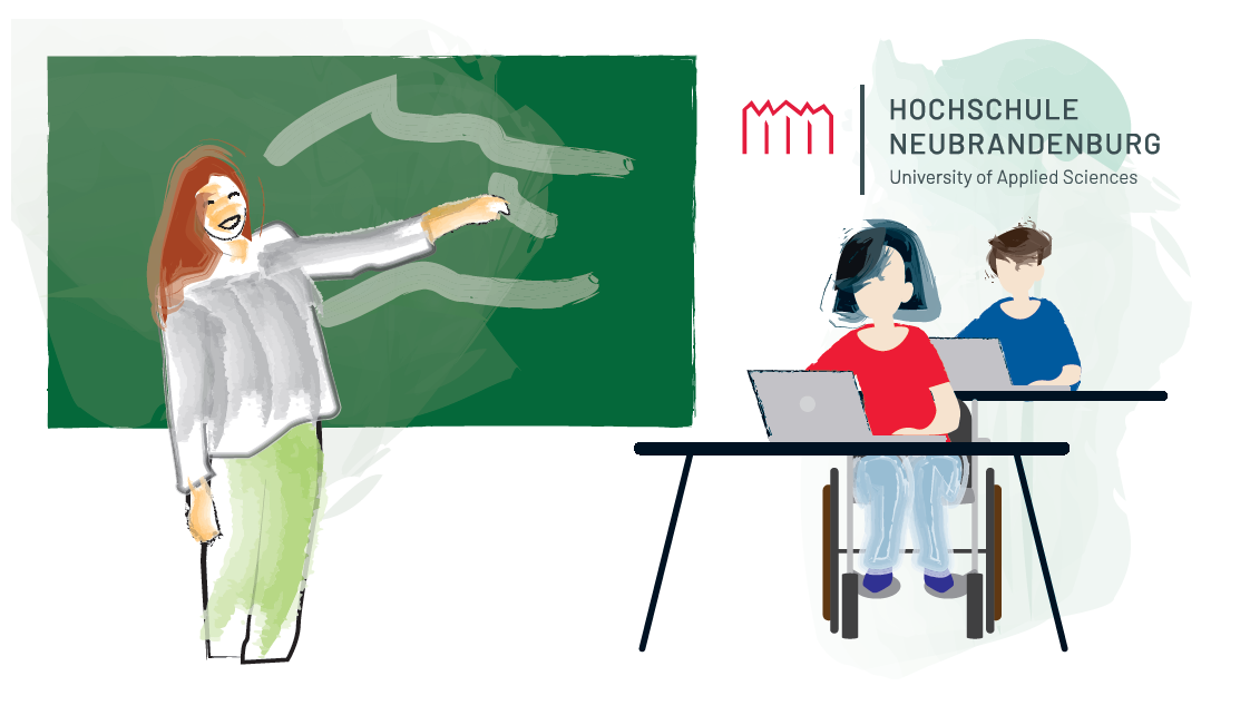 Das Bild zeigt eine Lehrerin und zwei studierende Personen: eine davon sitzt im Rollstuhl. Die Lehrerin steht vor einer Tafel und erklärt etwas. Die Studierenden sitzen an einem Tisch mit einem Computer. Darüber ist der Schriftzug: Hochschule Neubrandenburg.