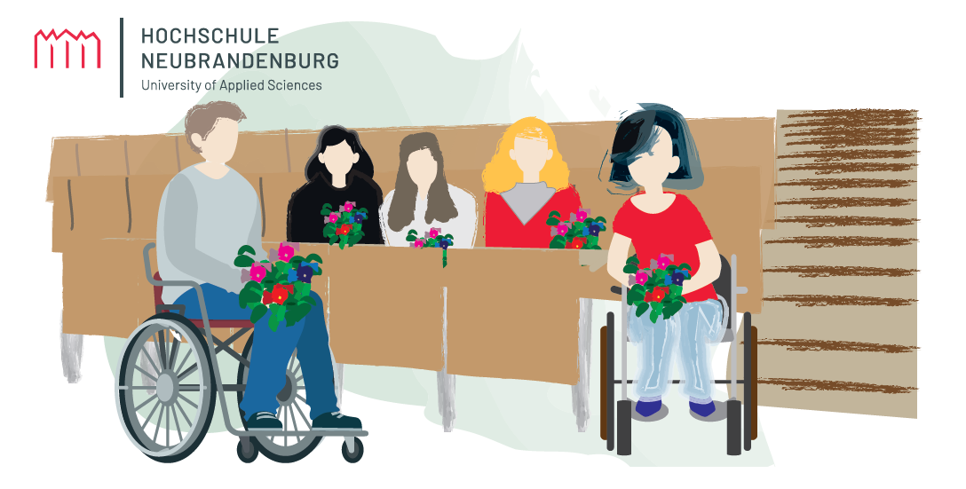 Das Bild zeigt mehrere Menschen an einem Tisch. Davor sitzen zwei Menschen im Rollstuhl. Alle halten Blumen in den Händen. Im Hintergrund steht der Name der Hochschule Neubrandenburg.