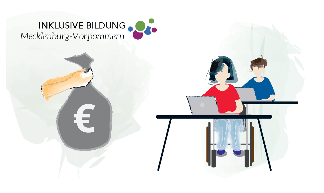 Das Bild zeigt zwei Studierende an einem Tisch mit einem Laptop: eine davon sitzt im Rollstuhl. Links ist ein Beutel mit einem Euro-Zeichen zu sehen. Oben steht der Schriftzug: Inklusive Bildung Mecklenburg-Vorpommern. Rechts steht der Name von der Hochschule Neubrandenburg.