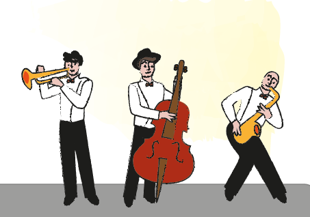 Im Vordergrund der Abbildung stehen drei Musiker mit weißen Hemden und schwarzen Hosen. Der linke Musiker spielt eine Trompete. Der mittere Musiker spielt ein Cello. Der rechte Musiker spielt Saxophon. Die Musiker stehen auf grauem Untergrund. Der Hintergrund der Abbildung ist gelb.