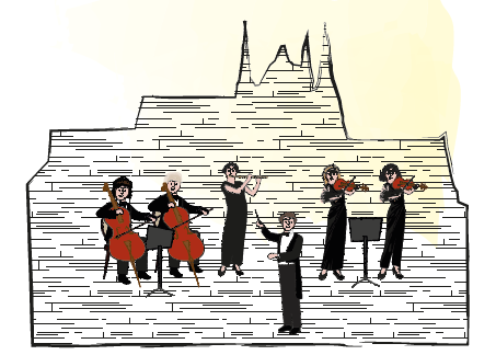Die Abbildung zeigt im Vordergrund die Fläche einer Kirche. In der Kirche sind 5 Musikerinnen und Musiker mit unterschiedlichen Musikinstrumenten abgebildet. Zwischen den Musik-Personen steht ein Dirigent. Der Hintergrund der Abbildung ist hellgelb.