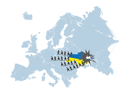 Die Abbildung zeigt auf hellblauem Hintergrund die Fläche von Europa. Das Land Ukraine ist auf dieser Fläche in blau-gelber Farbe eingezeichnet. Viele einzelne schwarze Personen verlassen das Land Europa Richtung Mitteleuropa.