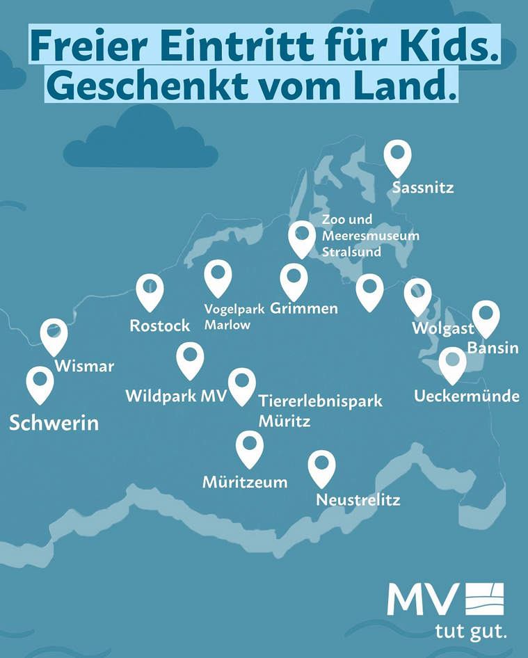Landeskarte von Mecklenburg-Vorpommern mit den Standorten der Zoos und Tierparks, die sich am Landeszootag beteiligen.