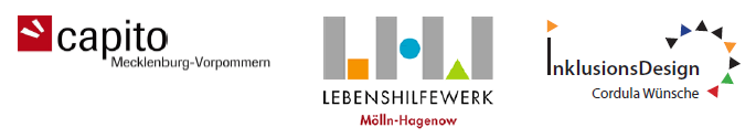 Die Abbildung zeigt die drei Logos von den beteiligten Partnern an dem Newsletter: capito Mecklenburg-Vorpommern, Lebenshilfewerk Mölln-Hagenow sowie Inklusionsdesign, Cordula Wünsche