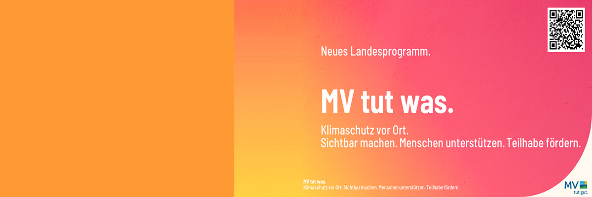 Grafik zu "MV tut was" mit QR-Code und der Beschriftung "Klimaschutz vor Ort. Sichtbar machen. Menschen unterstützen, Teilhabe fördern."