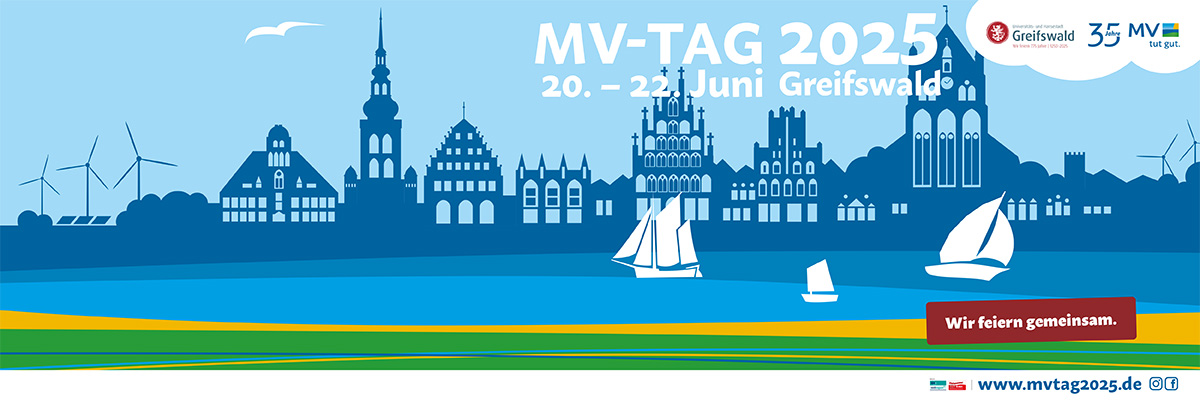 Grafik mit der Silhouette der Universitäts- und Hansestadt Greifswald am Hafen