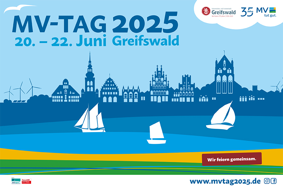 Grafik mit der Silhouette der Universitäts- und Hansestadt Greifswald am Hafen