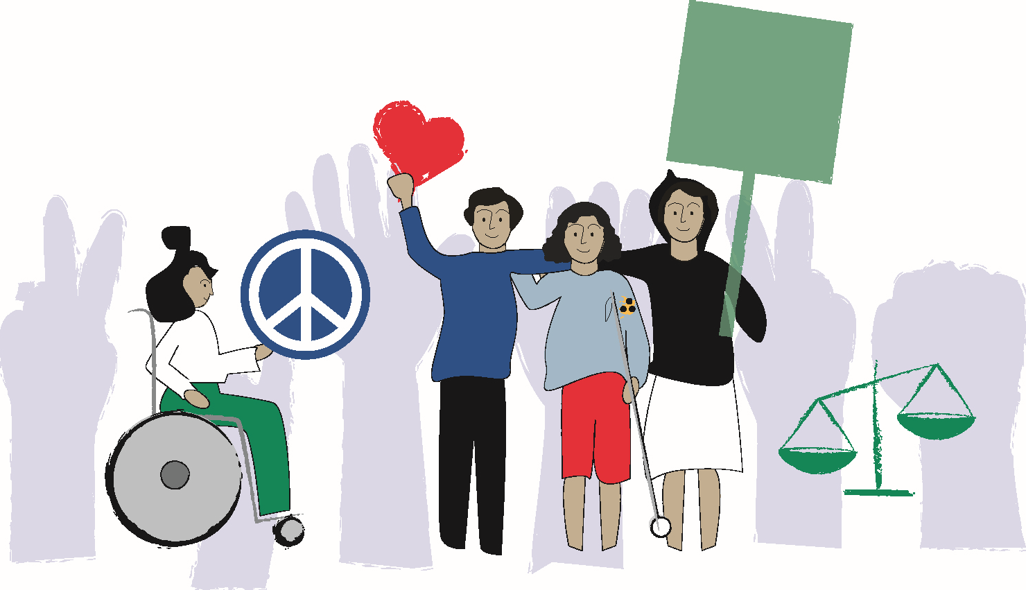 Das Bild zeigt mehrere Menschen zusammen. Eine Person sitzt im Rollstuhl. Sie halten Zeichen für Frieden, Liebe und Gerechtigkeit. Die Gruppe wirkt freundlich und setzt sich für etwas ein.