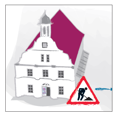 Das Bild zeigt das Rathaus in Wolgast.  Das Rathaus hat vorne einen Turm. Das Dach ist rot. Vor dem Haus ist ein Warnschild mit einem Bauarbeiter. Eine Leiter steht neben dem Haus.