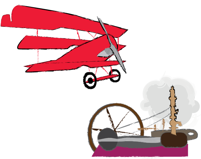 Die Abbildung zeigt links ein rotes Doppeldecker-Flugzeug. Das Flugzeug hat vorne an der Spitze einen grauen Propeller und unten zwei schwarze Räder. Die Abbildung zeigt auch leicht nach unten rechts versetzt eine Dampfmaschine. Die Dampfmaschine hat auf der rechten Seite ein braunes Rad. Das Rad ist mit einem Seil und auf der linken Seite mit einem hellbraunen Stab verbunden. Die Dampfmaschine hat einen violetten Untergrund. Im Hintergrund ist eine graue Dampfwolke abgebildet.