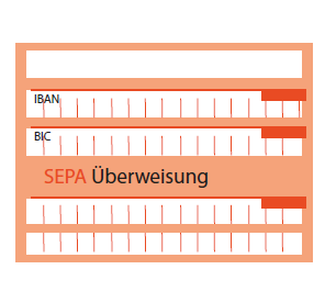 Die Abbildung zeigt einen Überweisungsträger einer Bank. Sie trägt diesen Schriftzug: SEPA Überweisung.  Der Überweisungsträger hat einen orangen Hintergrund und weiße Zeilen und Kästchen. Am Anfang von zwei Zeilen ist der Schriftzug: IBAN und BIC. Das sind Abkürzungen für Kontodaten.