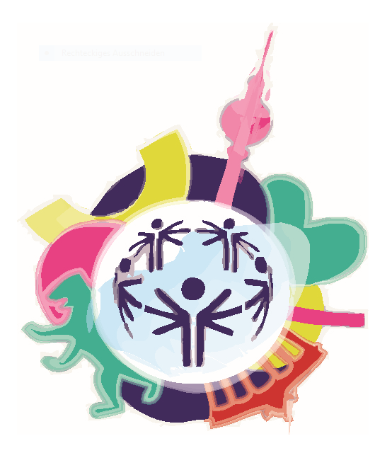 Die Abbildung zeigt in der Mitte das Logo von Special Olympics. 5 Personen sind auf einer Weltkugel miteinander verbunden. Am äußeren Rand der Weltkugel sind bunte Symbole enthalten. Einige Symbole zeigen den Austragungs-Ort der Special Olympics in Berlin. Zum Beispiel: das Brandenburger Tor, der Fernsehturm und der Berliner Bär als Stadtwappen.