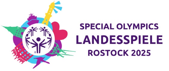 Die Abbildung zeigt die Landes-Spiele Mecklenburg-Vorpommern von Special Olympics in Rostock. In der Mitte sind Menschen mit Armen miteinander verbunden. Außen herum sind bunte Bilder von alten Gebäuden, einem Schiff, einem Leuchtturm, einem Herzen und einem Flugzeug. Das Logo zeigt: Viele Menschen machen gemeinsam Sport und feiern.