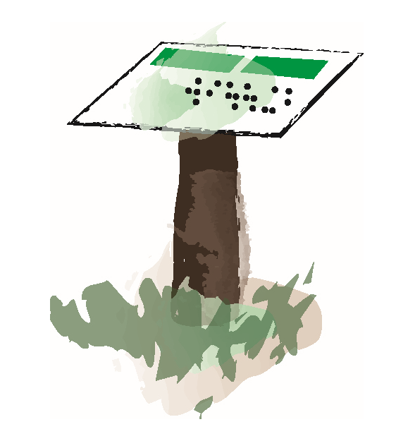 Illustration von einem Informations-Ständer im Grünen. Auf der geneigten Tafel oben sind grüne Flächen und schwarze Punkte dargestellt, die Brailleschrift symbolisieren. Die Darstellung verweist auf barriere-freie Informations-Tafeln mit Blindenschrift am Spuren-Weg.