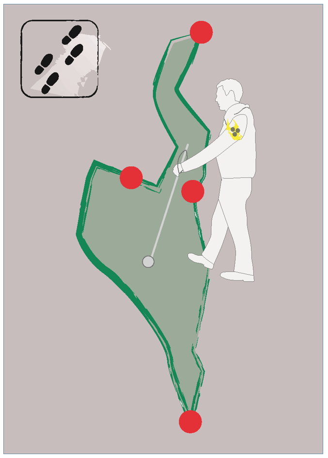 Illustration von einem barriere-freien Wanderweg: Ein gezeichneter blinder Mensch mit Blindenstock läuft auf einem in Grün markierten Weg, der mit roten Punkten gekennzeichnet ist. Oben links ist ein Symbol  mit Fußspuren dargestellt. Die Abbildung verweist auf einen Spuren-Weg, der auch für blinde und sehbehinderte Menschen erlebbar ist.