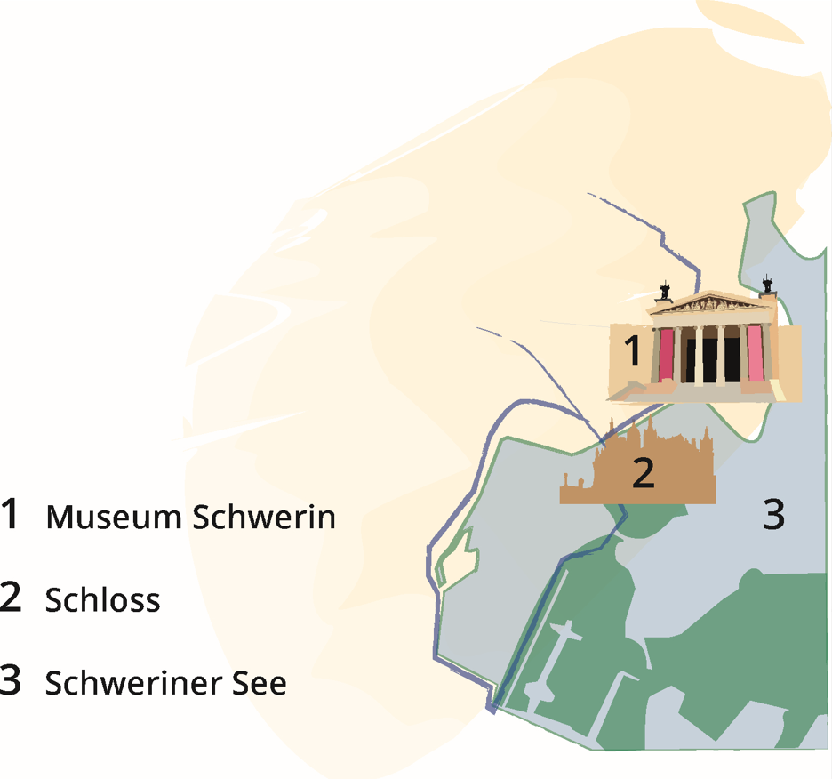 Das Bild zeigt eine Karte von einer Stadt. Auf der Karte sind Orte mit Zahlen markiert. Das Museum Schwerin, das Schloss und der Schweriner See sind eingezeichnet. Neben der Karte steht erklärender Text.