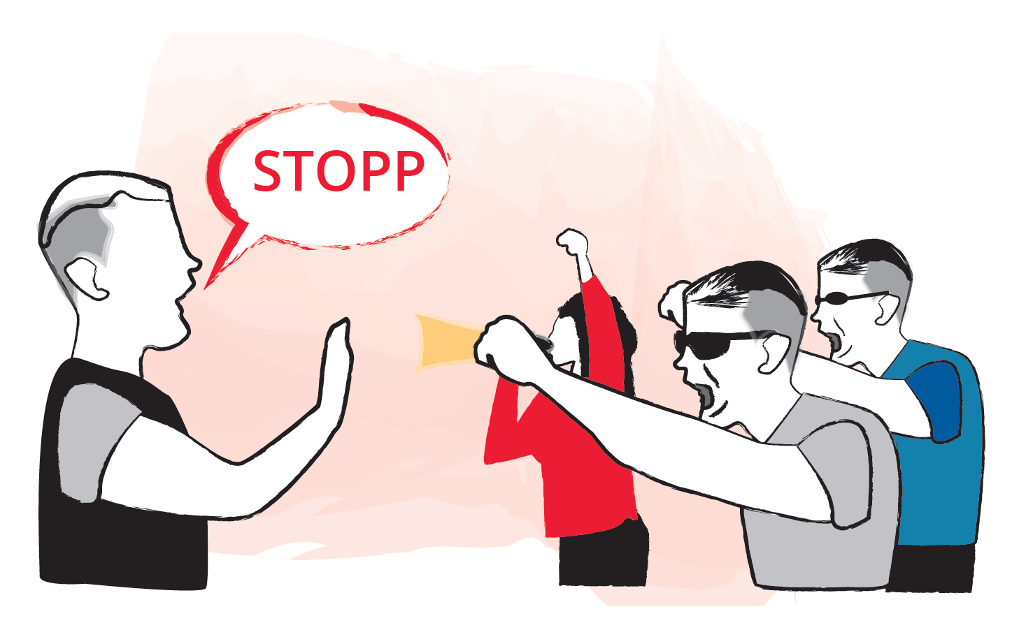 Das Bild zeigt auf der rechten Seite mehrere aggressive Personen. Ein Mann hebt die Hand und sagt „Stopp“. Die Situation wirkt angespannt.