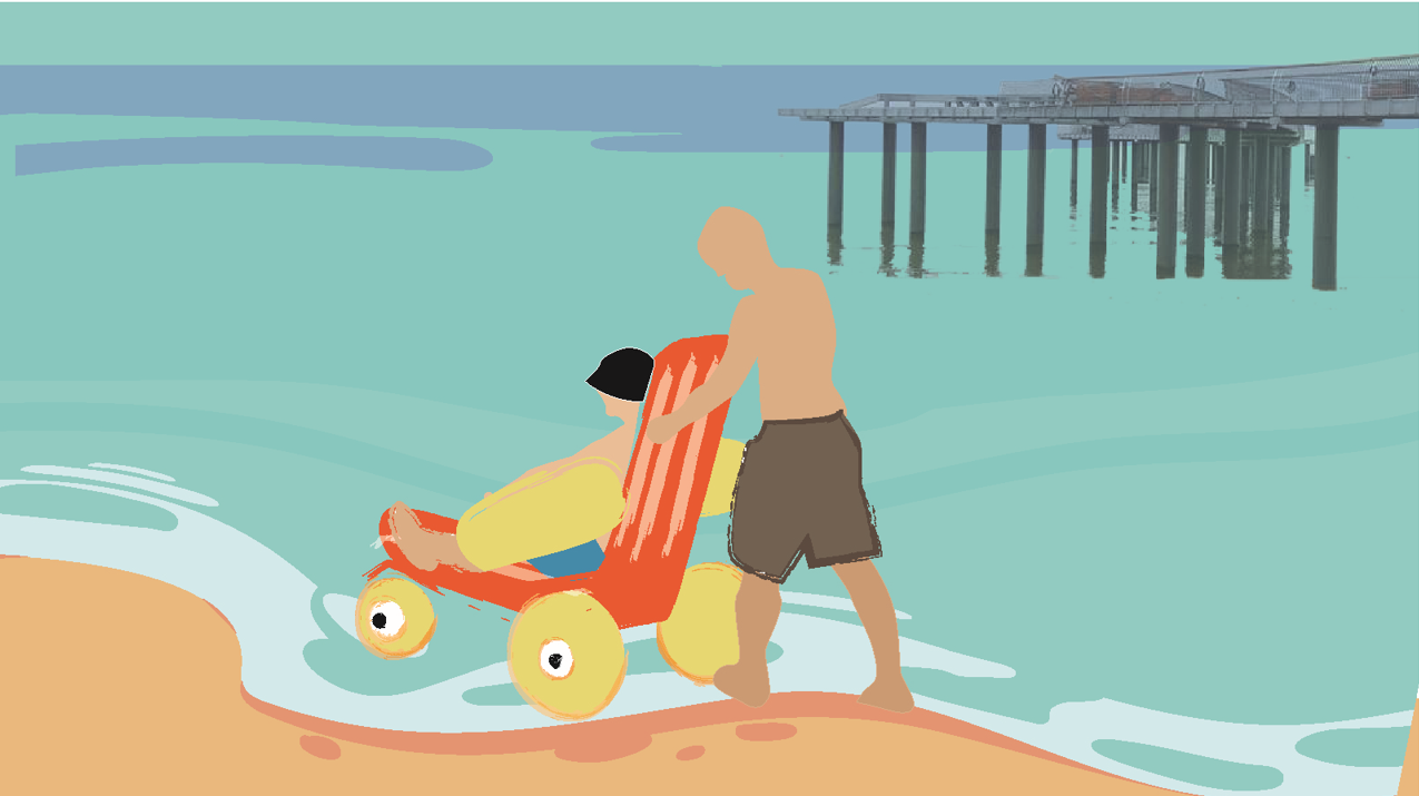 Das Bild zeigt zwei Menschen am Strand. Eine Person sitzt in einem Strand-Rollstuhl. Eine andere Person schiebt den Rollstuhl ins Wasser. Im Hintergrund ist eine See-Brücke im Meer zu sehen.