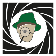 Die Abbildung hat die Form eines Quadrats. Der äußere Bereich des Quadrats hat eine schwarze Farbe mit weißen Linien. In der Mitte der Abbildung ist der Kopf von einem Detektiv mit einer Lupe abgebildet. Der Detektiv trägt einen grünen Hut.