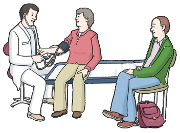 Eine Cartoonzeichung, in der ein Arzt einer Patientin den Blutdruck misst.