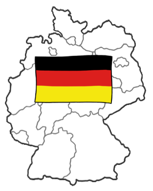 Cartoonzeichnung von einer Deutschland-Karte mit der Flagge in Schwarz-Rot-Gold.