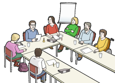 Eine Cartoonzeichnung von einer Gruppe von Menschen, die sich zu einer Sitzung triftt. 