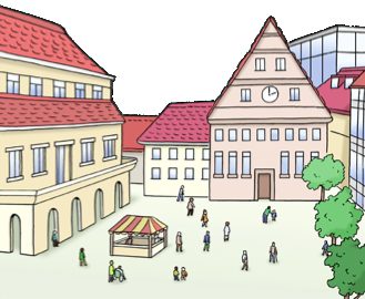 Eine Cartoonzeichung von einem Marktplatz der Haupt-Stadt.