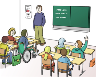 Eine Cartoonzeichnung von einem Klassen-Zimmer mit einem Lehrer und Schülern.