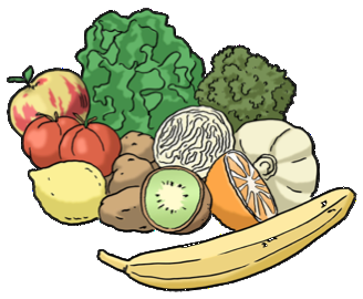 Eine Cartoonzeichnung von Lebens-Mitteln: Obst und Gemüse.