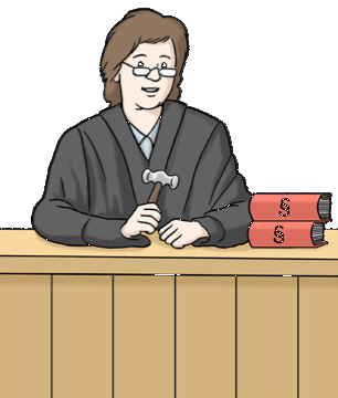 Eine Cartoonzeichnung von einer Richterin mit einem Hammer in der Hand.