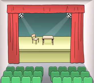 Eine Cartoonzeichnung von einem Theater mit einer Bühne und Stühlen.