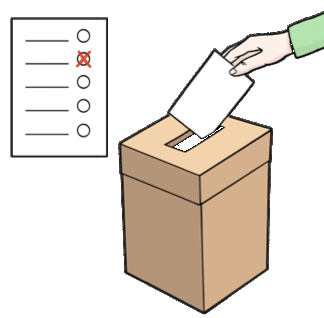 Eine Cartoonzeichnung von einem Stimmzettel. Ein Wähler wirft den Stimmzettel in eine Wahlurne.