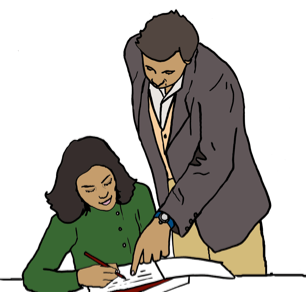 Eine Cartoonzeichnung von einem Professor. Der Professor hilft einer Studentin beim Studieren von einem Buch.