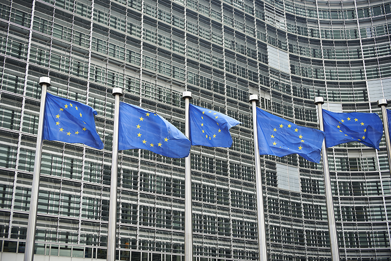 European flags in front of the Berlaymont building, headquarters of the European commission in Brussels.