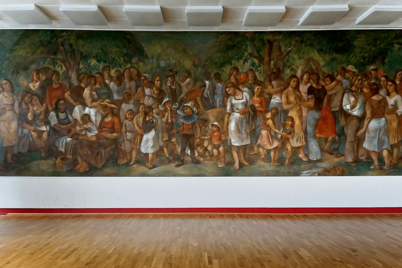 Im Inneren eines Saales in der Warliner Straße zeigt ein großflächiges Bild von 1978 in altmeisterlicher Malweise eine Art Idealwelt der Gesellschaft. Titel: Volksfest. Künstler: Erhard Großmann. © Mamerow Im Inneren eines Saales in der Warliner Straße zeigt ein großflächiges Bild von 1978 in altmeisterlicher Malweise eine Art Idealwelt der Gesellschaft. Titel: Volksfest. Künstler: Erhard Großmann.