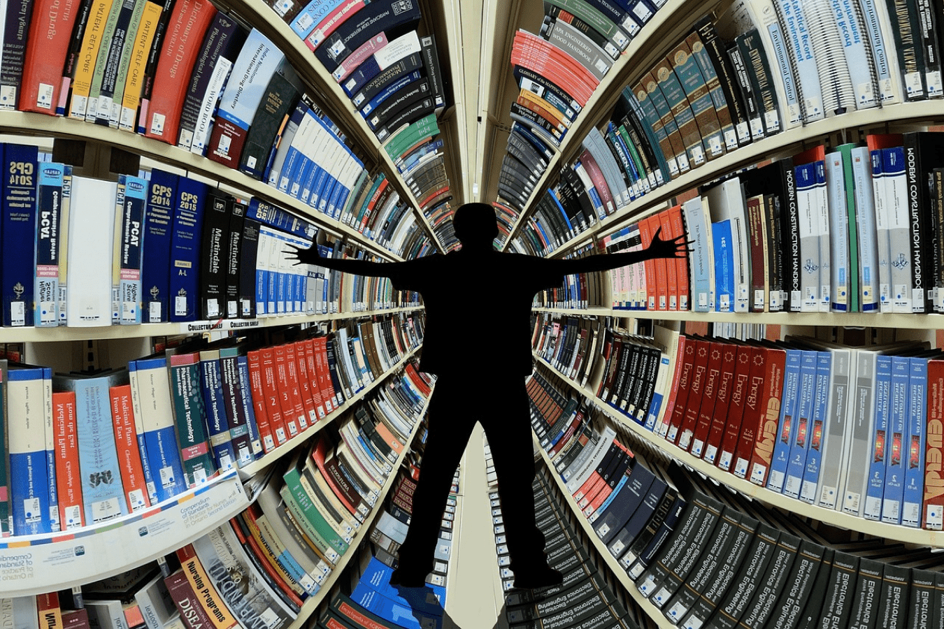 Mann breitet die Arme vor einer großen Bücherwand aus. © pixabay